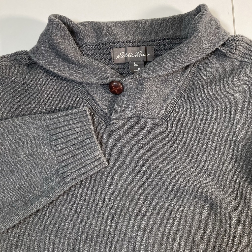 Eddie‎ Bauer Henley Sweater Medium Gray Knit Fisherman Y2K 90s Style